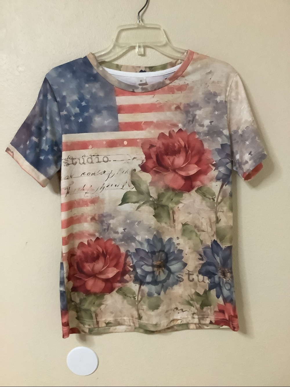 Woman’s Floral American Flag Short Sleeve Top - Dusty Blue - Picture 2 of 4